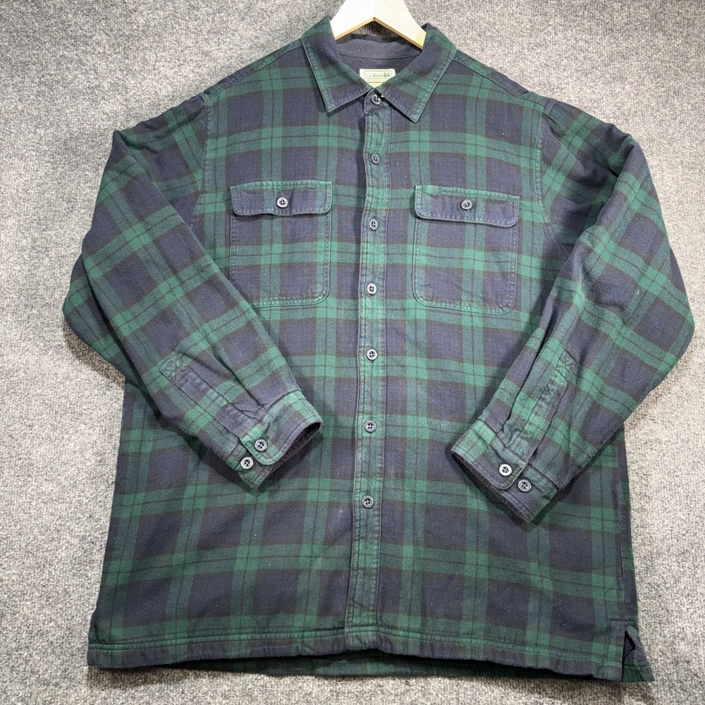 LL Bean Flannel Shirt Men's Large Green Plaid Fleece Lined Shacket‎ Outdoor Camp